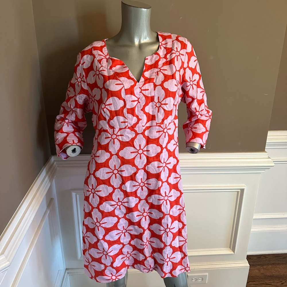 Boden Coral and Pink Floral Tunic Shift Dress size 16 L. 100% Linen